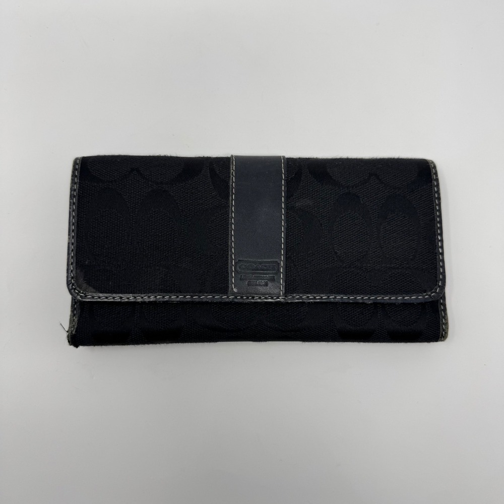 Coach Women's Canvas Tri-Fold‎ Signature C Monogram Wallet Flaws/Wear Black